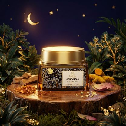24 karat guld ayurvedisk anti-aging natcreme med bakuchi-olie, safran og gurkemeje