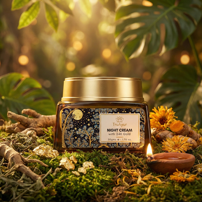 24 karat guld ayurvedisk anti-aging natcreme med bakuchi-olie, safran og gurkemeje