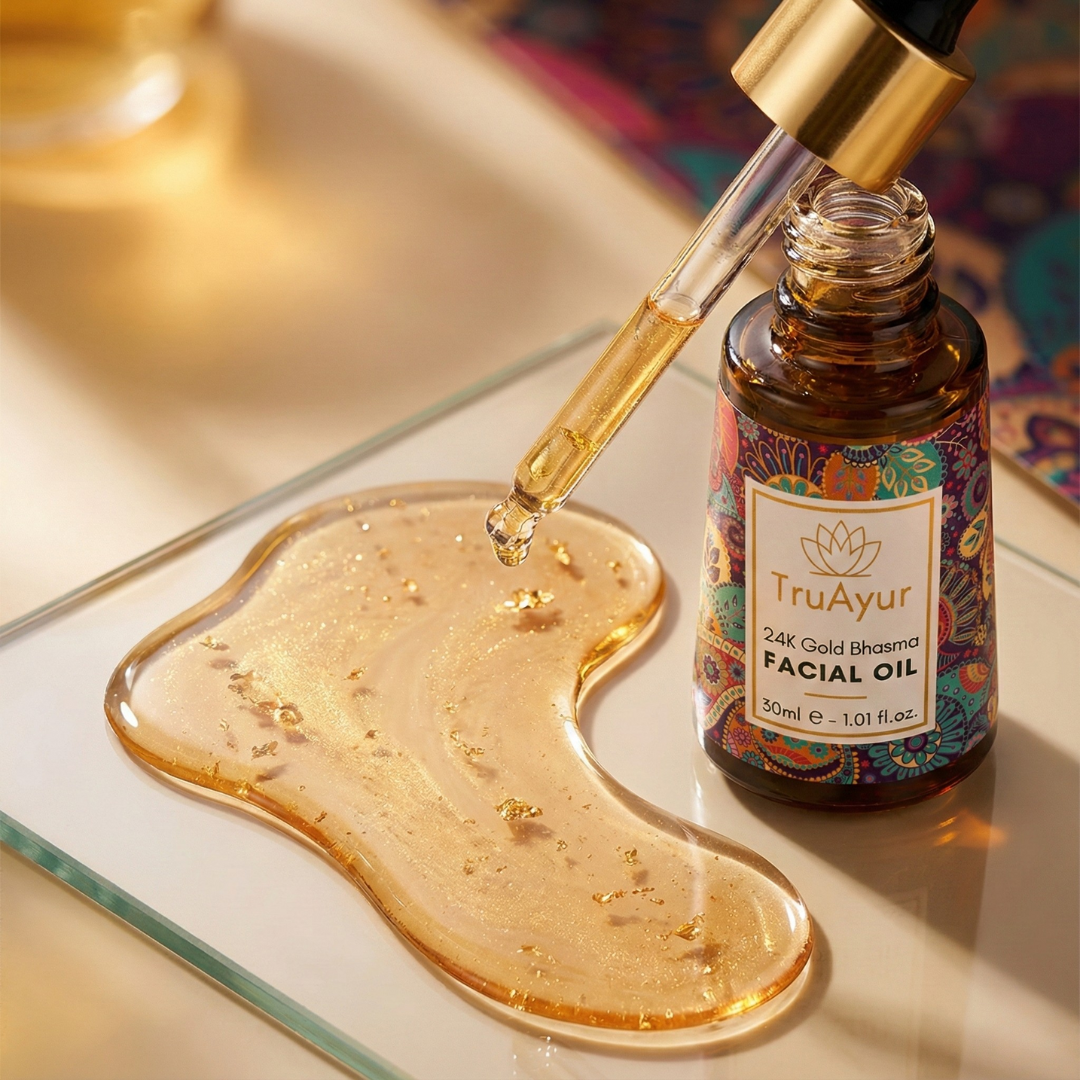 24 karat guld ayurvedisk ansigtsolie til dybt hydreret, silkeagtig og strålende hud