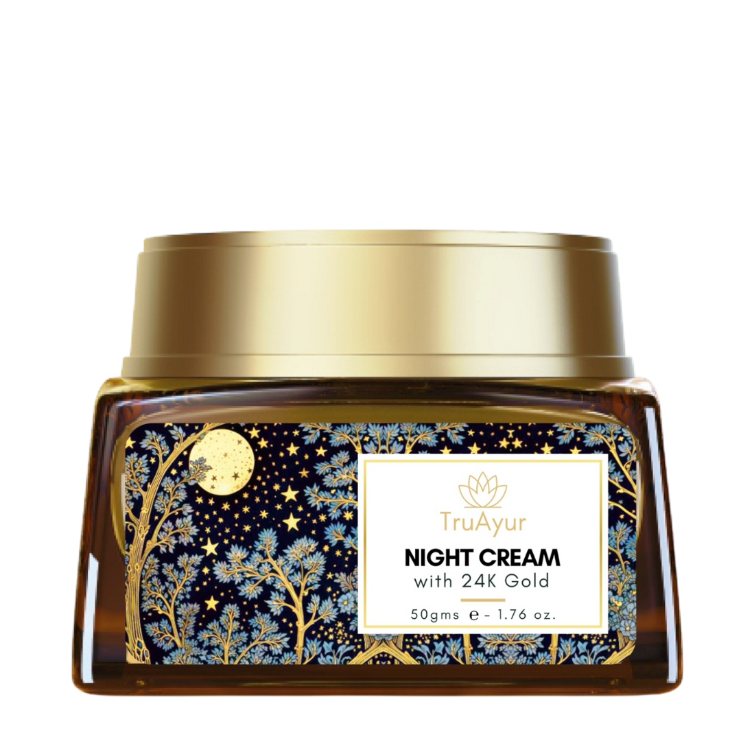 24 karat guld ayurvedisk anti-aging natcreme med bakuchi-olie, safran og gurkemeje