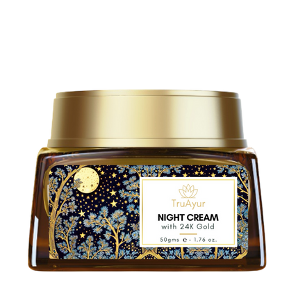 24 karat guld ayurvedisk anti-aging natcreme med bakuchi-olie, safran og gurkemeje