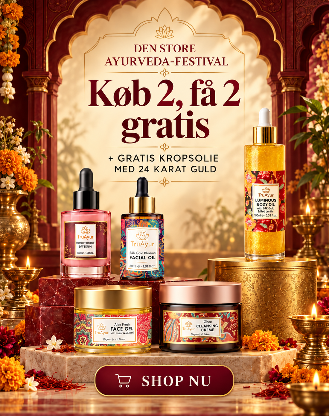 Køb 2, få 2 gratis på TruAyurs enkeltprodukter + gratis kropsolie med 24K guld