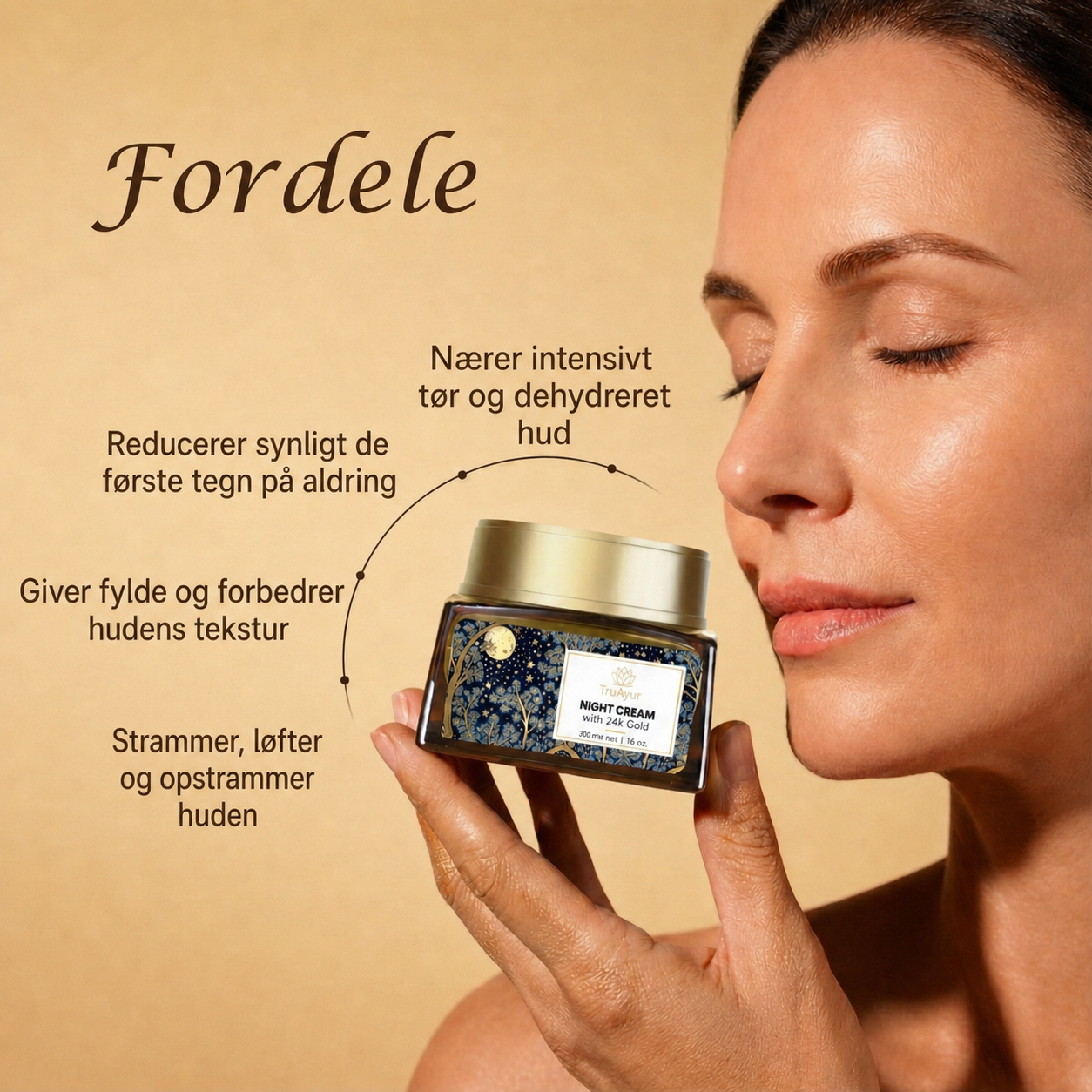 24 karat guld ayurvedisk anti-aging natcreme med bakuchi-olie, safran og gurkemeje