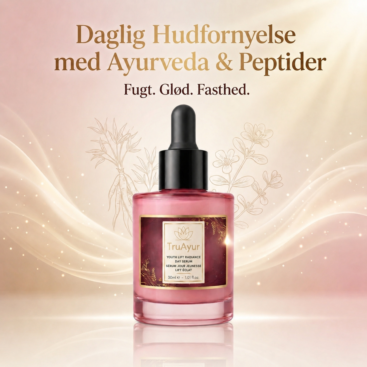 8-urter ayurvedisk strålende dagserum med Syn-Ake peptid for dyb hydrering, glød hele dagen og synlig opstramning
