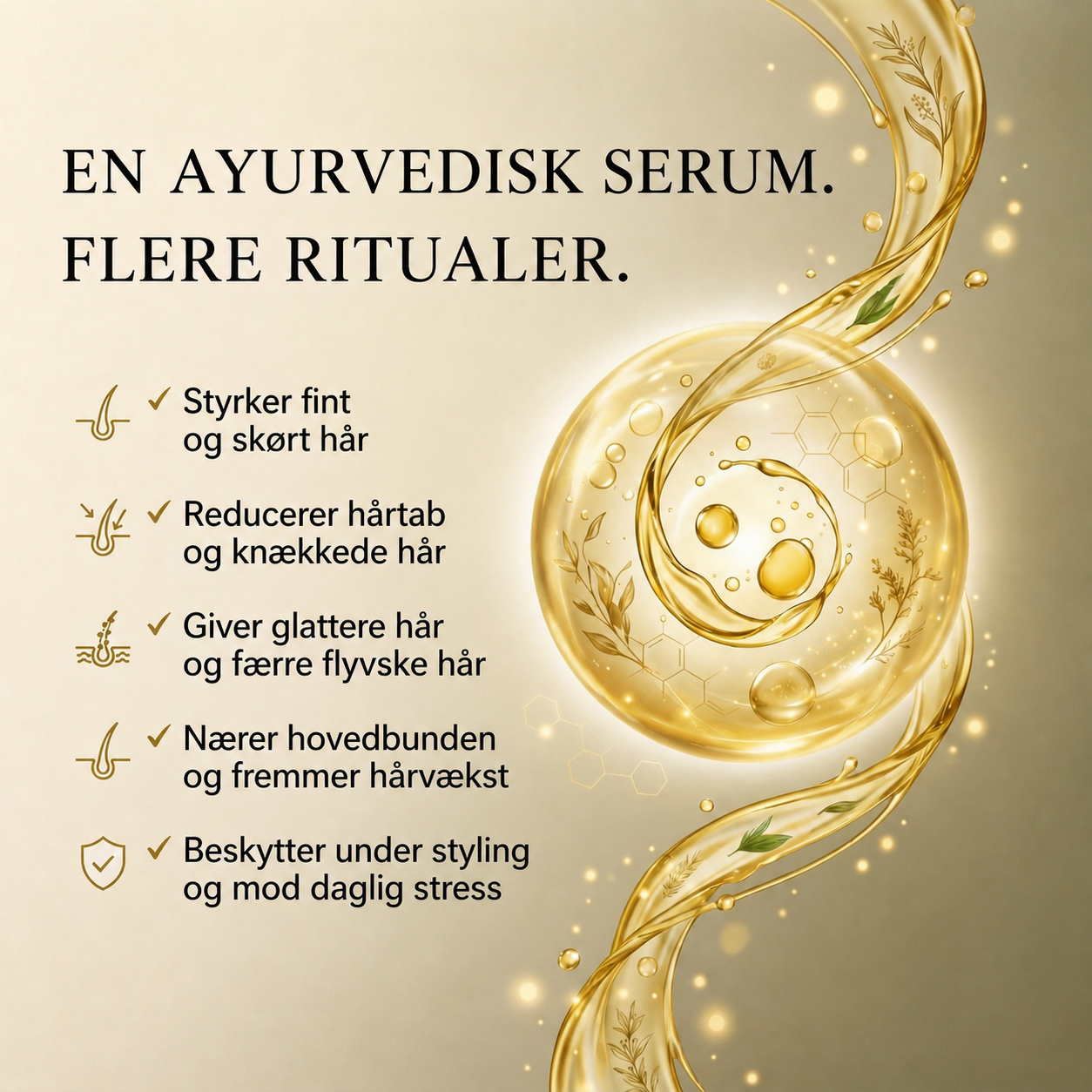 Ayurvedisk hårserumolie med 11 urter til stærkere hår, tæmmet krus og strålende glans