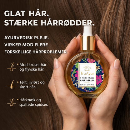 Ayurvedisk hårserumolie med 11 urter til stærkere hår, tæmmet krus og strålende glans