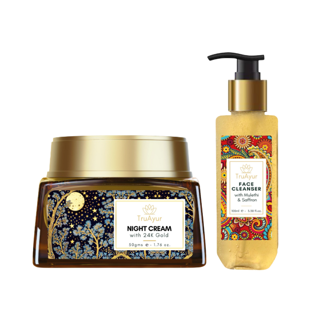 Saffron Glow-natritual (natcreme og ansigtsrens med 24 karat guld)