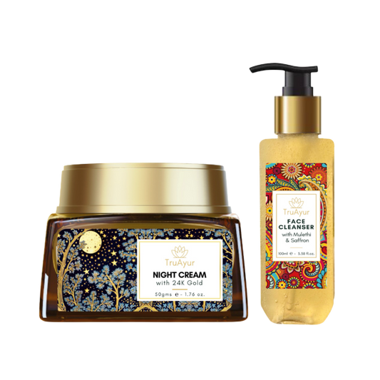 Saffron Glow-natritual (natcreme og ansigtsrens med 24 karat guld)