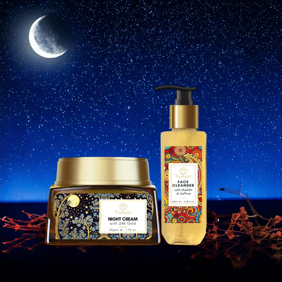 Saffron Glow-natritual (natcreme og ansigtsrens med 24 karat guld)