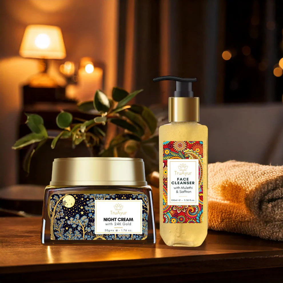 Saffron Glow-natritual (natcreme og ansigtsrens med 24 karat guld)