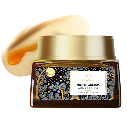 24 karat guld ayurvedisk anti-aging natcreme med bakuchi-olie, safran og gurkemeje